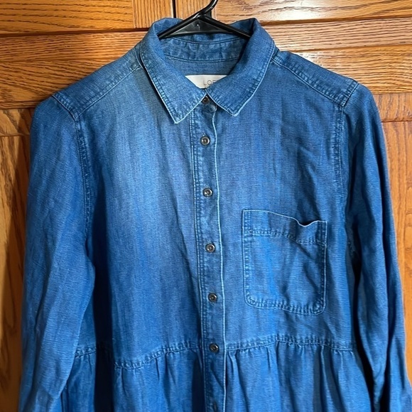 LOFT Denim Shirt Dress Tiered Blue with Pocket Linen Blend Flowy - Picture 3 of 9